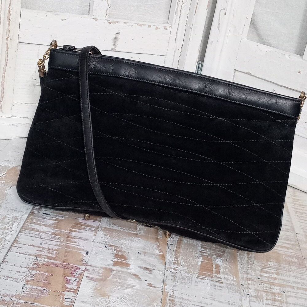 1960s Morris Moskowitz Black Suede Quilted Clutch Matelasse Shoulder Bag Vintage